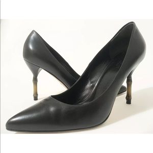 Gucci Black Leather Pointed Pumps bamboo heel